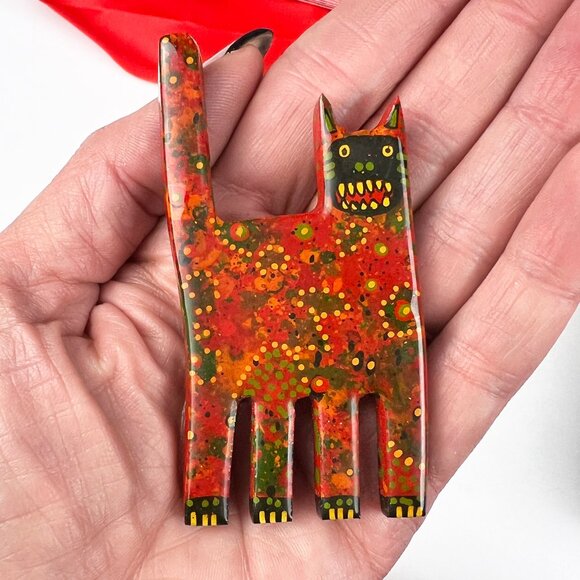 VINTAGE 1997 Mark Soppeland Signed SCARY CAT Brooch, Artisan Hand Made Folk Art - Picture 1 of 5